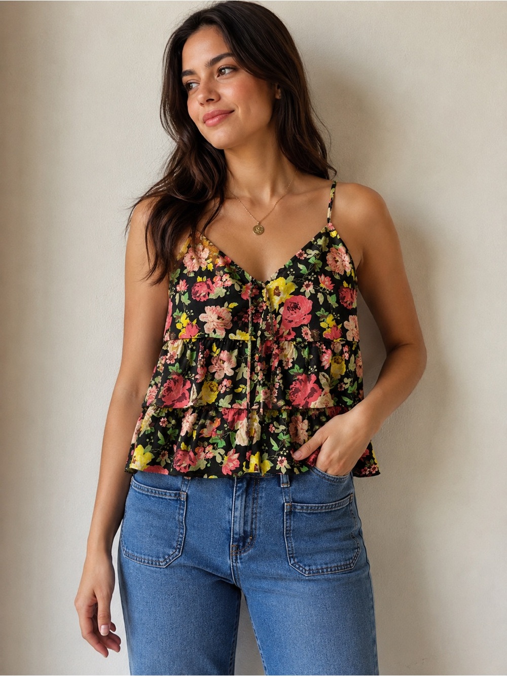 INC Petite Small NWOT Floral Tiered Cami Top Black Red Boho Ruffle Tank Y2K